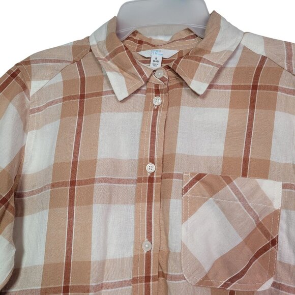 Time & Tru Women's Plaid Button-Up Long Sleeve Shirt Beige Size Small (4-6) - Picture 3 of 11